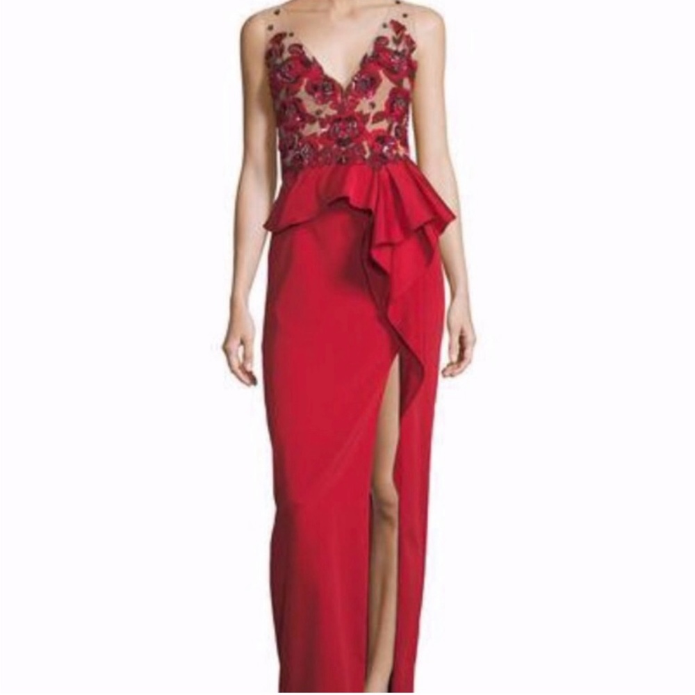 Marchesa Notte Red Beaded Stretch-Faille Column Gown